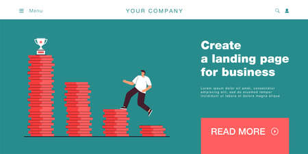 Young man jumping on stacks of coins to trophy. Flat vector illustration..Successful man winning money, striving for big prize. Money, lottery, winning concept for banner design or landing pageのイラスト素材