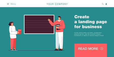 Teacher explaining new topic flat vector illustration. Girl standing near blackboard, listening to...