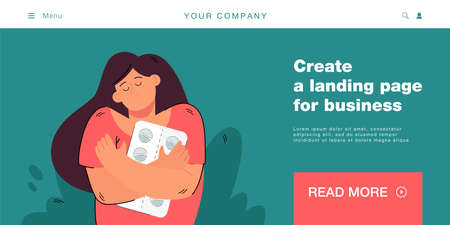 Smiling girl holding hugging pills packaging. Happy woman feeling optimistic taking antidepressant tablets medicines. Flat vector illustration. Healthcare, stress free concept.のイラスト素材