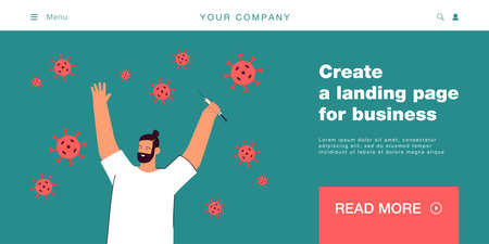 Happy man protecting against virus with vaccine. Male character holding syringe flat vector illustration. Vaccination, victory over coronavirus concept for banner, website design or landing web pageのイラスト素材