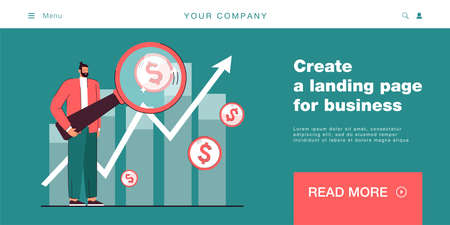 Young financier researching market flat vector illustration. Businessman studying statistics with huge magnifying glass on background of graphic. Analytics, profit, currency concept for banner designのイラスト素材