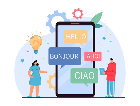Online translator app on phone screen flat vector illustration. Tiny people or foreigners using application for translating greeting phrases. Foreign language, international communication conceptのイラスト素材