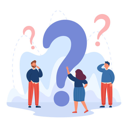 Tiny cartoon business people standing around huge question mark. Male and female persons asking for help or answers flat vector illustration. Communication, solution concept for banner, website designのイラスト素材