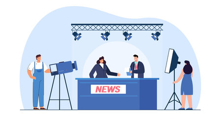 News presenters behind desk in studio with camera crew. Backstage or set of broadcast or TV show flat vector illustration. Television, broadcasting concept for banner, website design or landing pageのイラスト素材