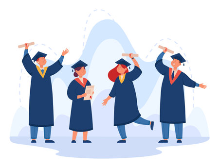 Happy cartoon college or university students holding diplomas. People getting degree, certificate, academic success flat vector illustration. Education, graduation concept for banner, website designのイラスト素材