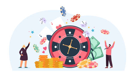 Happy people winning money in casino roulette and poker. Tiny man and woman playing online gambling games, standing with fortune wheel, cards and chips flat vector illustration. Gamble, risk conceptのイラスト素材