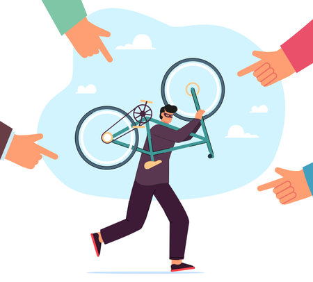 Hands of people pointing finger at thief stealing bike. Tiny man in hoodie running with stolen bicycle flat vector illustration. Crime, larceny concept for banner, website design or landing web pageのイラスト素材