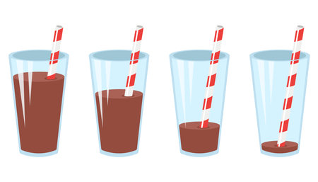Glasses of chocolate drinks flat vector illustrations set. Cartoon drawings of cups with cocoa, chocolate milk, cocktail or milkshake with straw on white background. Beverage, food, dessert conceptのイラスト素材