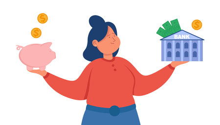 Cartoon girl holding bank and piggybank. Woman choosing place for savings flat vector illustration. Safety, finances, economy, budget, investment concept for banner, website design or landing web pageのイラスト素材