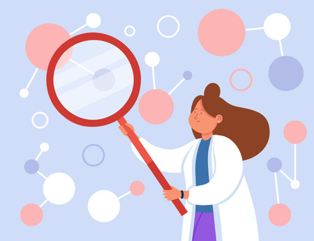 Scientist looking at molecules through magnifier. Female doctor doing research, exploring neurons, using scientific algorithms flat vector illustration. Neuroscience conceptのイラスト素材