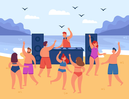 People having dj party on beach flat vector illustration. Happy men and women in swimsuit dancing near ocean, listening music, spending summer time together, having fun in tropics. Friendship conceptのイラスト素材
