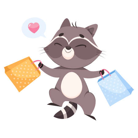 Happy racoon with shopping bags cartoon vector illustration. Adorable mammal smiling with closed eyes, enjoying purchases or new clothes. Wildlife animal, shopping conceptのイラスト素材