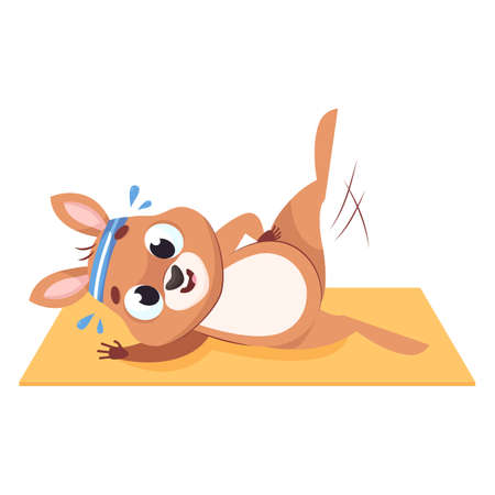 Kangaroo stretching legs cartoon vector illustration. Happy mammal with headband lying on mat, raising paws, doing physical activity. Wildlife animal, marsupial, sport conceptのイラスト素材