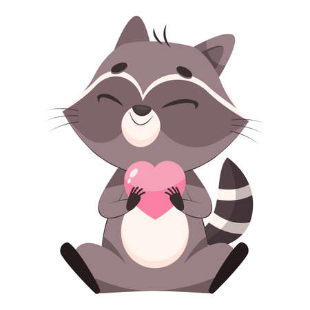 Adorable racoon holding heart cartoon vector illustration. Pretty grey mammal sitting with closed eyes and hugging pink heart on white background. Wildlife animal, love conceptのイラスト素材