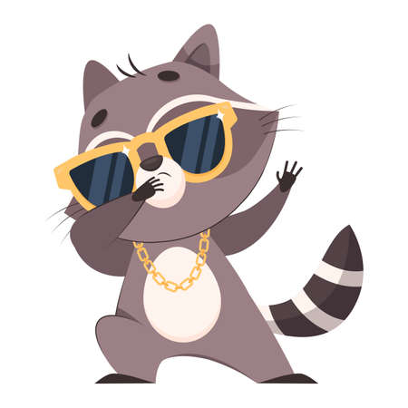 Racoon wearing sunglasses and gold necklace. Funny confident mammal standing on white background and dancing cartoon vector illustration. Wildlife animal, power conceptのイラスト素材