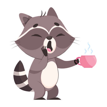 Sleepy racoon with cup of coffee cartoon vector illustration. Pretty mammal standing, yawning and holding cup of hot beverage on white background. Wildlife animal, morning routine conceptのイラスト素材