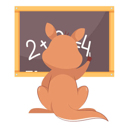 Kangaroo doing sums on chalkboard cartoon vector illustration. Back view of mammal studying, learning math at school. Wildlife animal, marsupial, education conceptのイラスト素材