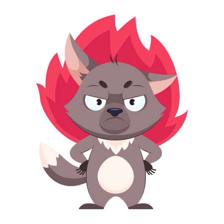 Angry wolf with fire in background cartoon vector illustration. Furious animal standing with paws on its sides, looking with anger. Wildlife animal, predator, emotion conceptのイラスト素材