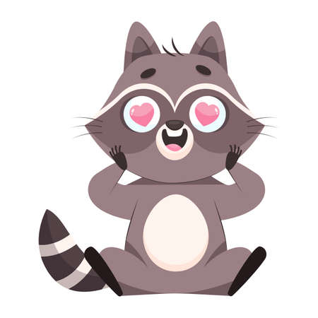 Racoon with hearts in eyes cartoon vector illustration. Excited mammal in love, sitting with open mouth and holding head with paws. Wildlife animal, passion, love conceptのイラスト素材