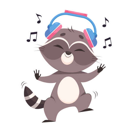 Happy racoon listening to music in headset. Funny furry mammal dancing, having fun, enjoying life cartoon vector illustration. Wildlife animal, entertainment, party conceptのイラスト素材