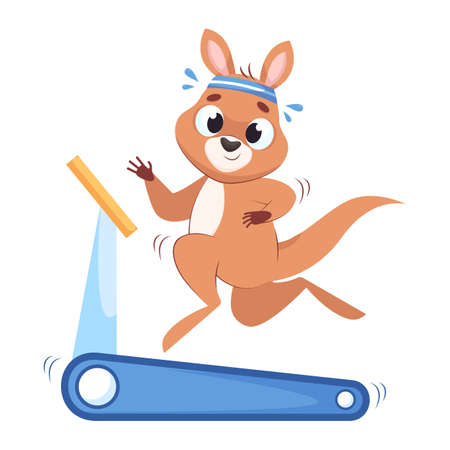 Kangaroo jogging on treadmill cartoon vector illustration. Cute mammal with headband running, doing cardio workout or physical activity. Wildlife animal, marsupial, sport conceptのイラスト素材