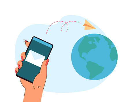 Globe and hand of person sending letter using mobile app. Envelope on phone screen flat vector illustration. Global communication, technology concept for banner, website design or landing web pageのイラスト素材