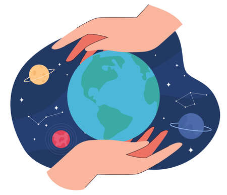 Hands around globe in outer space with stars and planets. Person protecting Earth flat vector illustration. Astronomy, education , protection concept for banner, website design or landing web pageのイラスト素材
