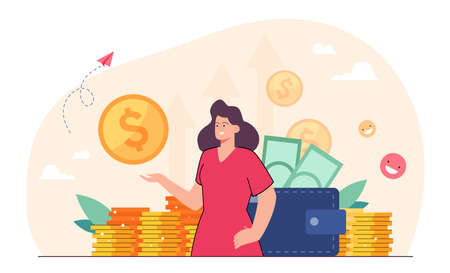 Female entrepreneur or consumer with banknotes and gold coins. Cartoon banker offering loan flat vector illustration. Finances, financial success, investment, refinancing, banking concept for bannerのイラスト素材