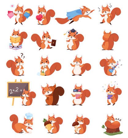 Cute little squirrel in different poses cartoon illustration set. Funny rodent with furry tail reading book, hugging acorn, sleeping on tree, celebrating. Wildlife animal, forest conceptのイラスト素材