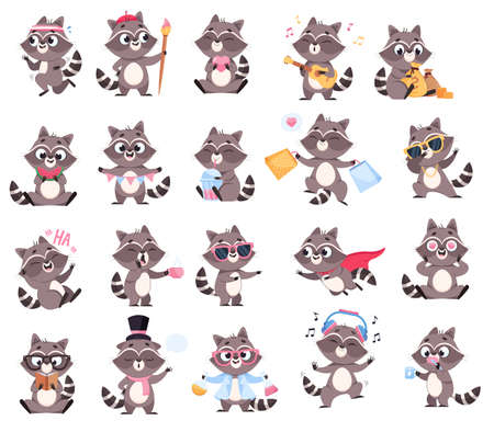 Funny racoon in different poses cartoon illustration set. Cute pet running, playing guitar, smiling, reading book, having fun, eating and drinking on white background. Wildlife animal conceptのイラスト素材