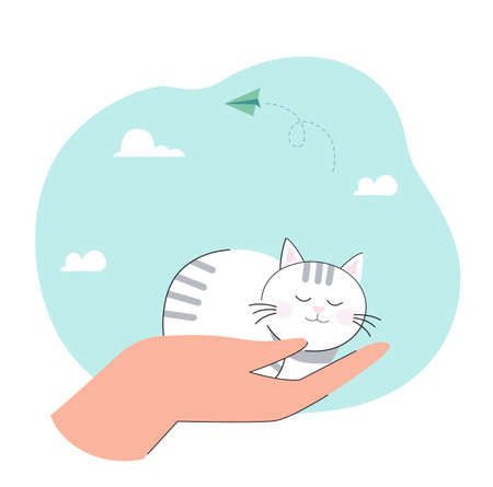Human hand of veterinarian or pet owner holding furry cat. Care for little kitty from person flat vector illustration. Love to domestic animals concept for banner, website design or landing web pageのイラスト素材
