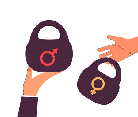 Gender inequality for male and female employees. Hands holding weights with feminine and masculine...