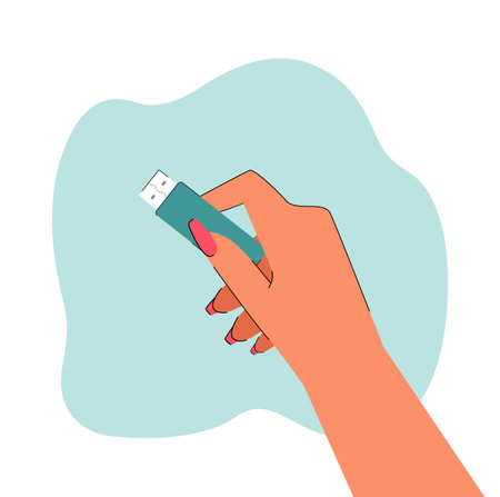 Female hand holding memory stick flat vector illustration. Person holding USB flash drive for...