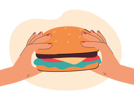 Hands holding hamburger flat vector illustration. Person eating junk or fast food. Unhealthy lifestyle, nourishment concept for banner, website design or landing web pageのイラスト素材