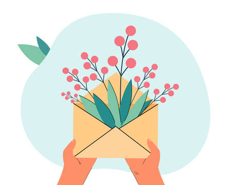 Hands holding envelope with flowers flat vector illustration. Bouquet of spring flowers. Greeting, love, romantic relationship concept for banner, website design or landing web pageのイラスト素材