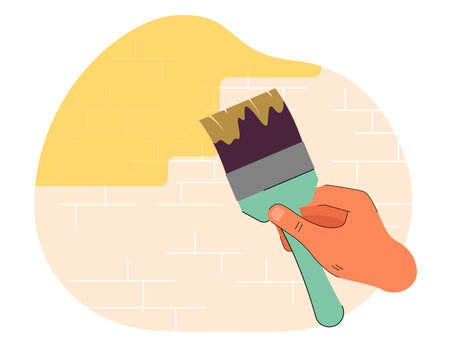 Hand holding paint brush in background of brick wall. Painter painting wall flat vector illustration. Renovation, improvement, occupation concept for banner, website design or landing web pageのイラスト素材