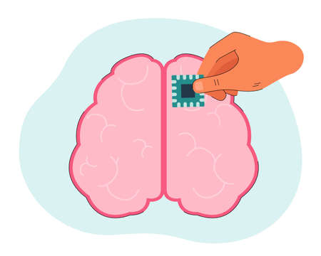 Hand implanting chip in brain flat vector illustration. Artificial intelligence, engineering...