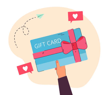 Hand holding gift card flat vector illustration. Person giving or receiving birthday present. Celebration, coupon, shopping concept for banner, website design or landing web pageのイラスト素材