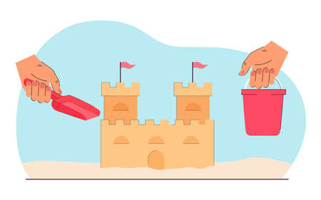 Hand holding toy shovel and bucket in background of sand castle. Children having fun flat vector illustration. Entertainment, recreation concept for banner, website design or landing web pageのイラスト素材