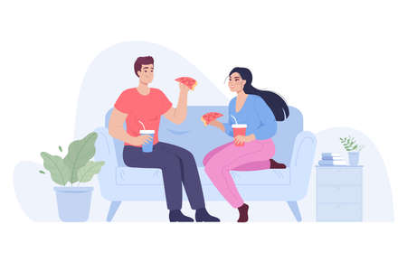 Couple sitting on sofa and eating pizza flat vector illustration. Man and woman eating junk food, drinking soda, talking, spending time together at home. Love, romantic relationship conceptのイラスト素材