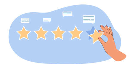Customer giving five star rating flat vector illustration. Clients leaving positive feedback and satisfied with service, Review, evaluation concept for banner, website design or landing web pageのイラスト素材