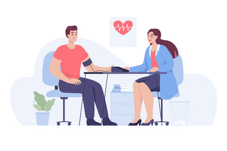 Doctor measuring blood pressure to male patient. Female physician sitting at table in clinic or hospital and checking arterial pressure of sick man flat vector illustration. Cardiology, health conceptのイラスト素材