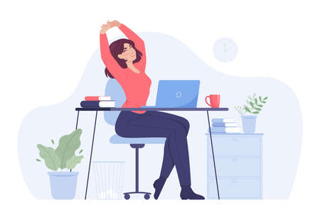 Woman sitting at workplace and stretching. Calm employee sitting at desk or computer table in office, having break after working on laptop flat vector illustration. Rest, relax, work conceptのイラスト素材