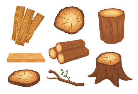 Wood and timbers or lumber vector illustrations set. Collection of cartoon drawings of parts of tree, wooden planks, stack of logs, stump, branch. Construction materials, forestry conceptのイラスト素材