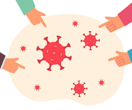 Hands pointing at virus particles. People searching for virus treatment flat vector illustration. Health, medicine concept for banner, website design or landing web pageのイラスト素材