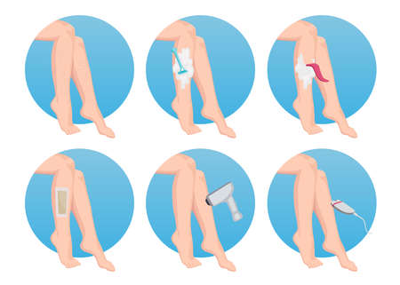 Different kinds of hair removal methods cartoon illustration set. Woman shaving legs with razor, removing hairs with wax, laser, epilator or cream. Depilation, beauty salon, hygiene conceptのイラスト素材