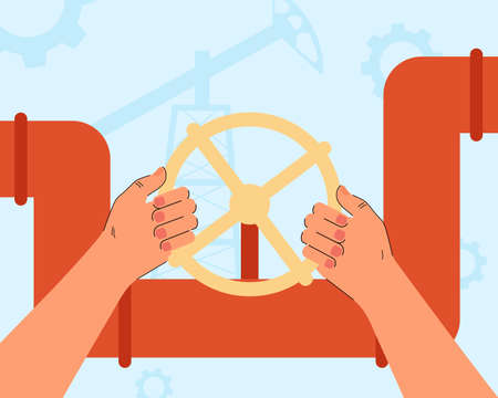 Hands of plumber turning water valve. Pipe with wheel flat vector illustration. Plumbing, industry, construction, repair service concept for banner, website design or landing web pageのイラスト素材