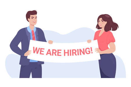 Office persons choosing new employees. Team of company people with we are hiring banner flat vector illustration. Job interview, work, recruitment, HR concept for website design or landing web pageのイラスト素材