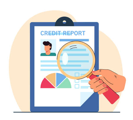Hand holding magnifier above credit report. Person studying document with information about client flat vector illustration. Finance, banking, loan concept for banner or landing web pageのイラスト素材