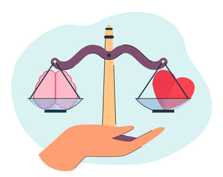 Hand holding scales with brain and heart. Person choosing logic and emotions between flat vector illustration. Comparison, choice, dilemma concept for banner, website design or landing web pageのイラスト素材